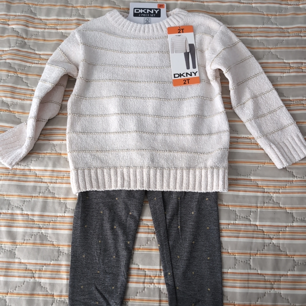 2-Piece DKNY Pants Outfit Set Cream Striped Sweater Gray Leggings.